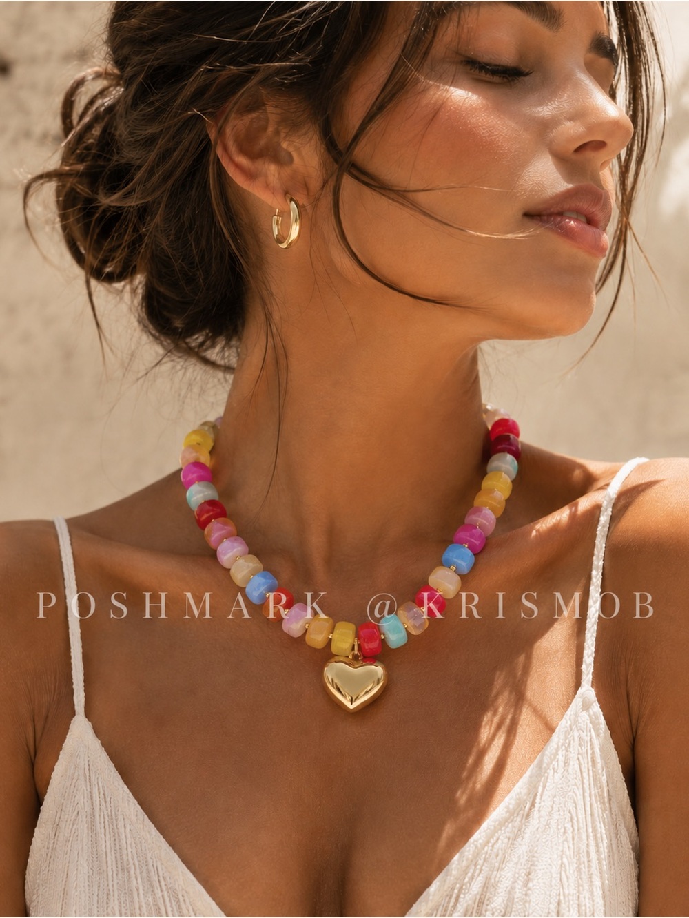 Gold Heart Pendant Multicolor Bead Necklace - Women Coastal Statement Jewelry